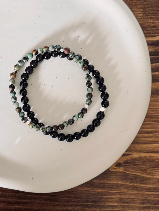 Obsidian + African turquoise stone bracelets