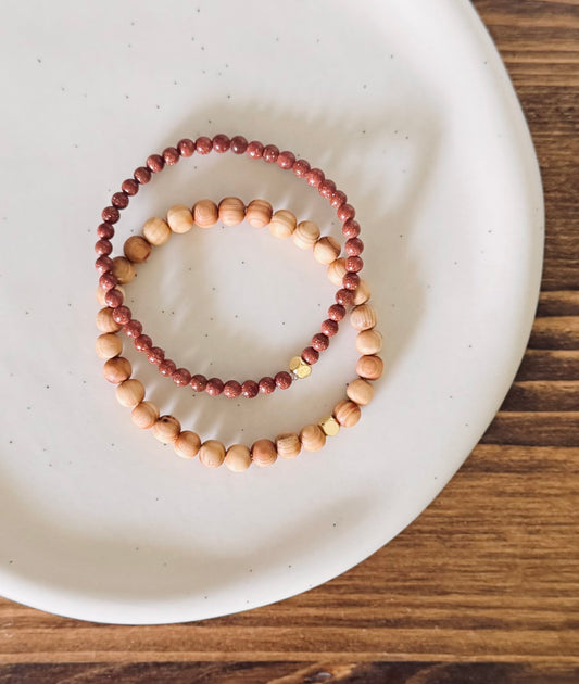 Wood and copper goldstone bracelets