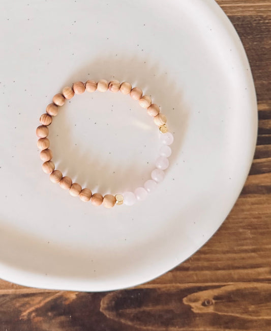 Rose quartz + natural wood bead bracelet